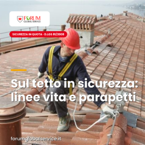 Operatore agganciato a una linea vita sul tetto di un capannone industriale — sicurezza anticaduta